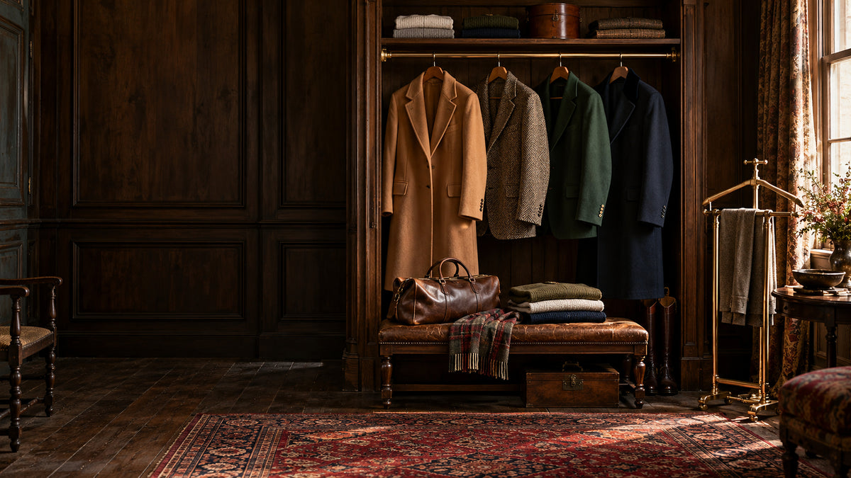 Garderobă din lemn cu paltoane și sacouri vintage din lână și tweed (imagine de atmosferă)