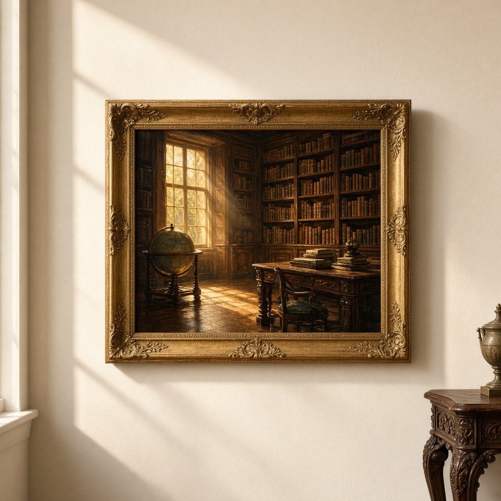 Tablou „Bibliotecă veche”, reproducere înrămată, în ramă aurită – CastelulCuArtă