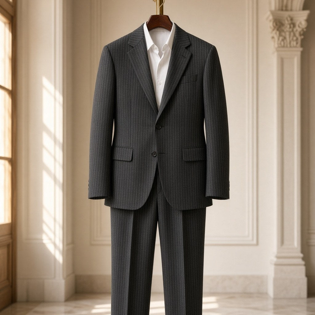 Costum din lână cu dungi fine, piesă vintage unicat – CastelulCuArtă