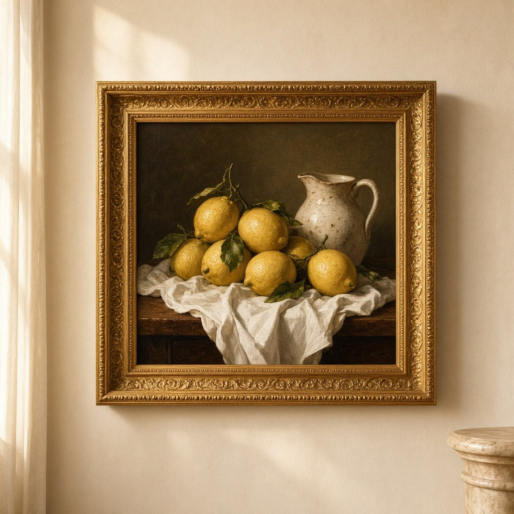 Tablou „Lămâi și ceramică”, reproducere înrămată, în ramă aurită – CastelulCuArtă