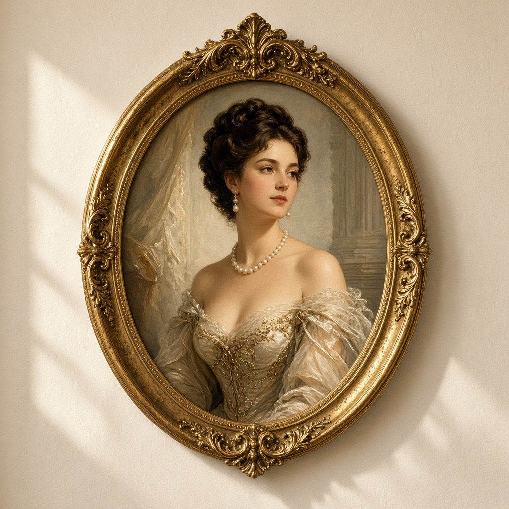 Tablou „Portret de doamnă cu perle”, reproducere înrămată, în ramă aurită – CastelulCuArtă