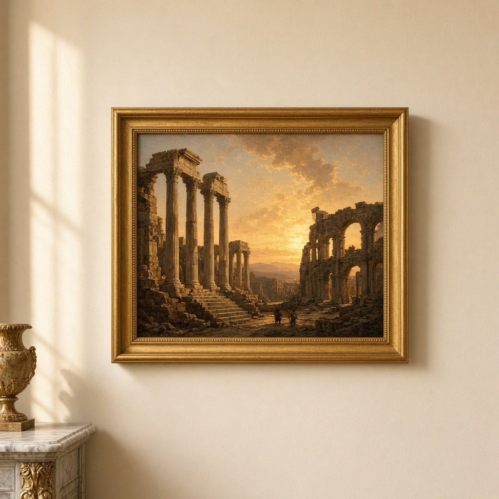 Tablou „Ruine clasice în lumină”, reproducere înrămată, în ramă aurită – CastelulCuArtă