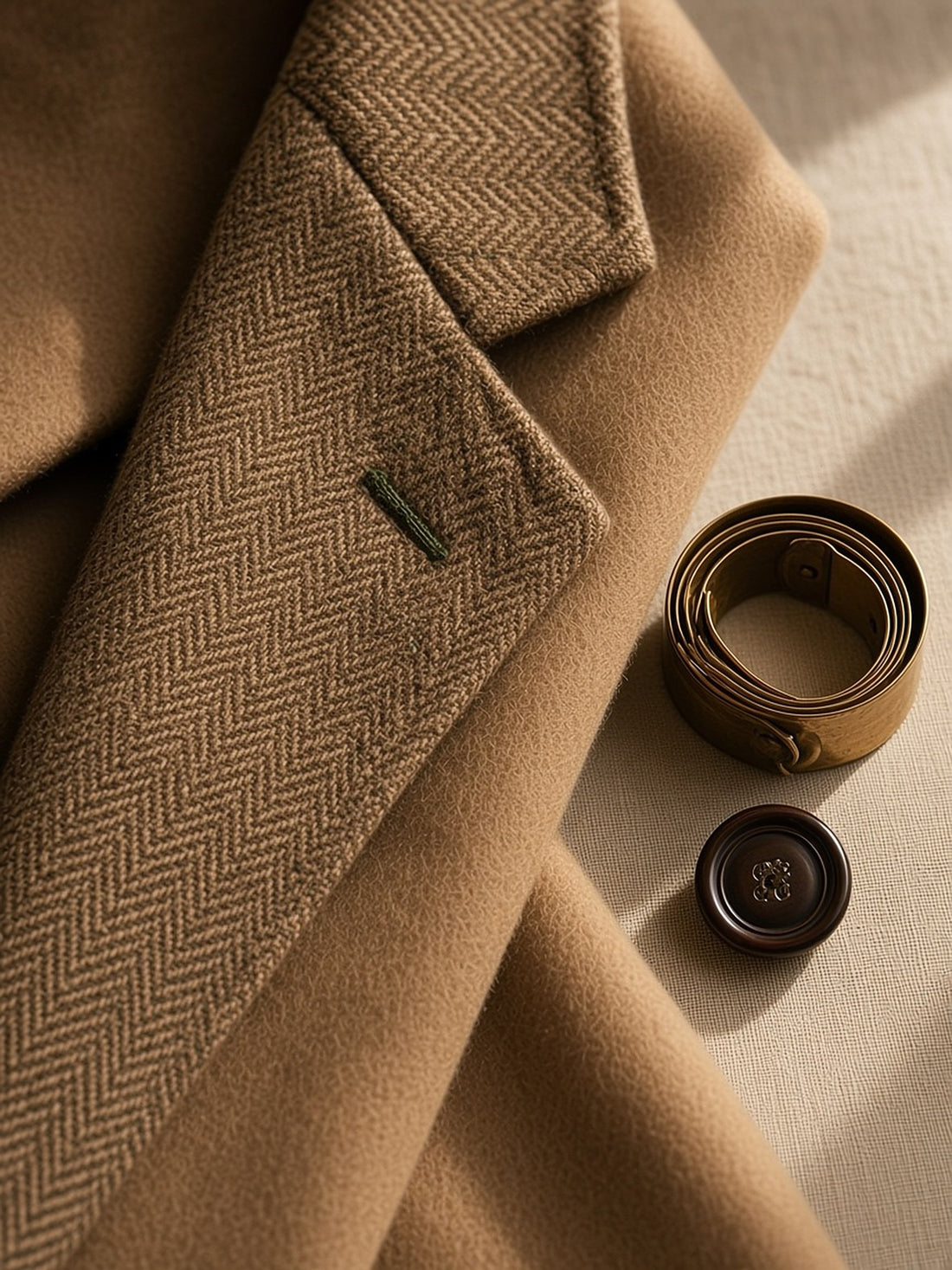 Detaliu de tweed herringbone și cașmir camel