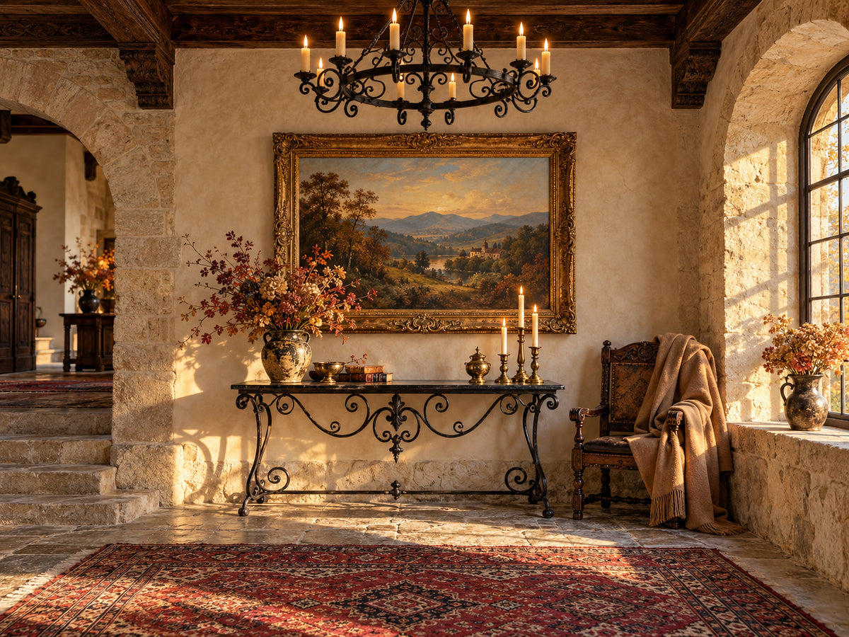 Interior de conac cu candelabru din fier forjat, tablou cu peisaj în ramă aurie, consolă din fier forjat și palton vintage pe scaun (imagine de atmosferă)