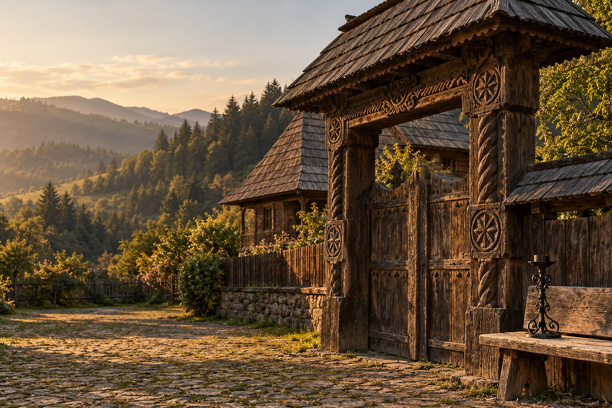 Poartă maramureșeană din lemn sculptat și gospodărie tradițională la apus (imagine de atmosferă)