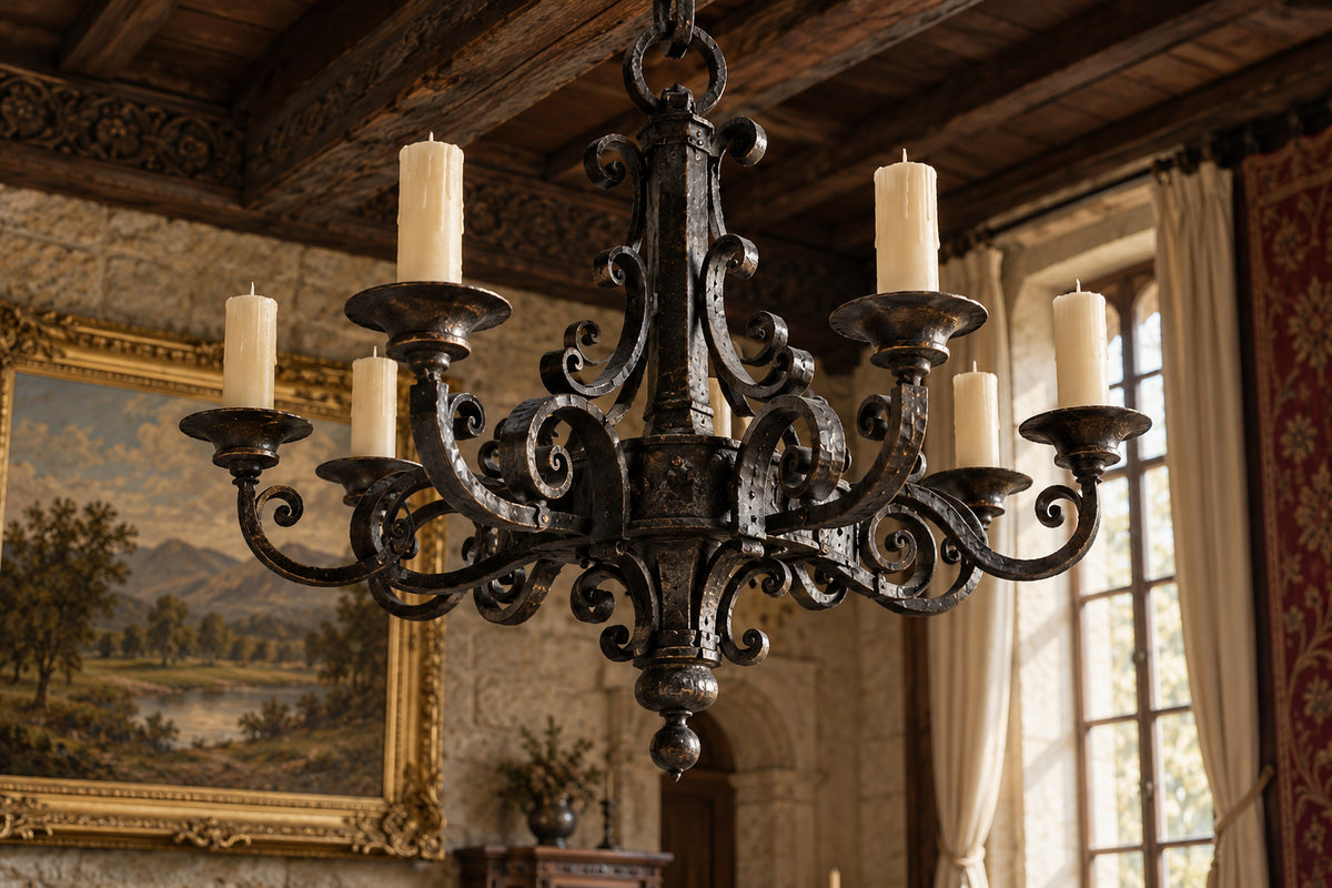 Detaliu de candelabru din fier forjat cu lumânări, sub grindă de stejar (imagine de atmosferă)