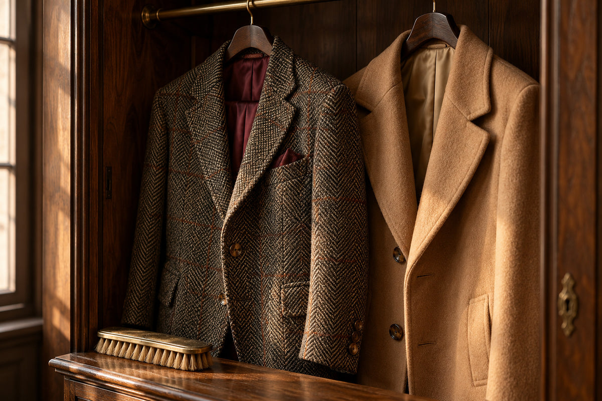 Sacou din tweed și palton camel vintage pe umerașe într-un dulap din nuc (imagine de atmosferă)