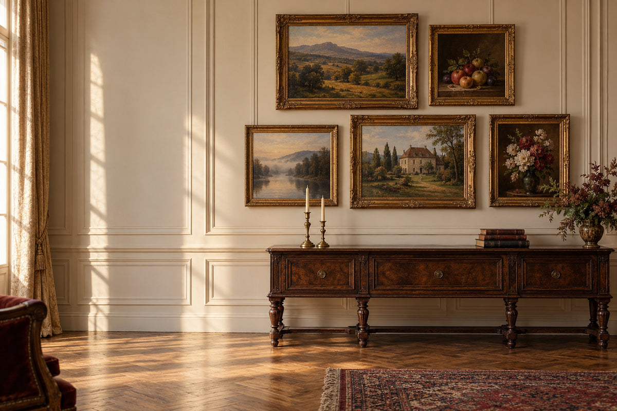 Salon luminos cu tablouri clasice în rame aurii aranjate pe perete (imagine de atmosferă)
