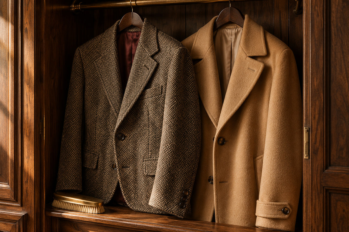 Haine vintage din tweed și lână camel într-o garderobă din lemn (imagine de atmosferă)